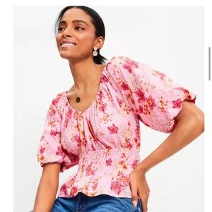 LOFT Pink Lily Gathered Waist V-neck Blouse